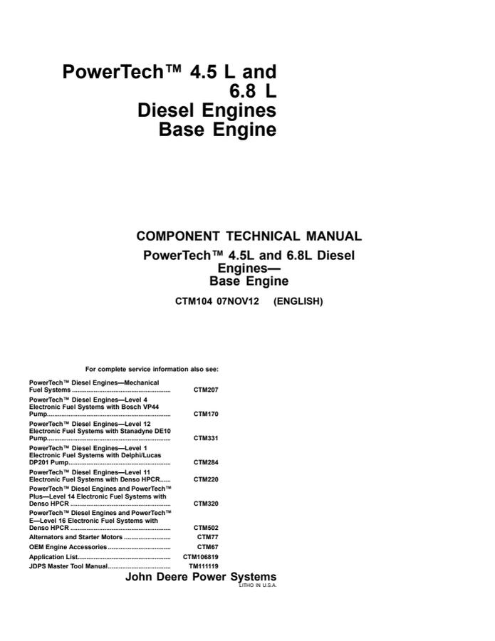 John Deere PowerTech 4.5L, 6.8L Base Engine Engine Component technical manual CTM104 — actual manual cover