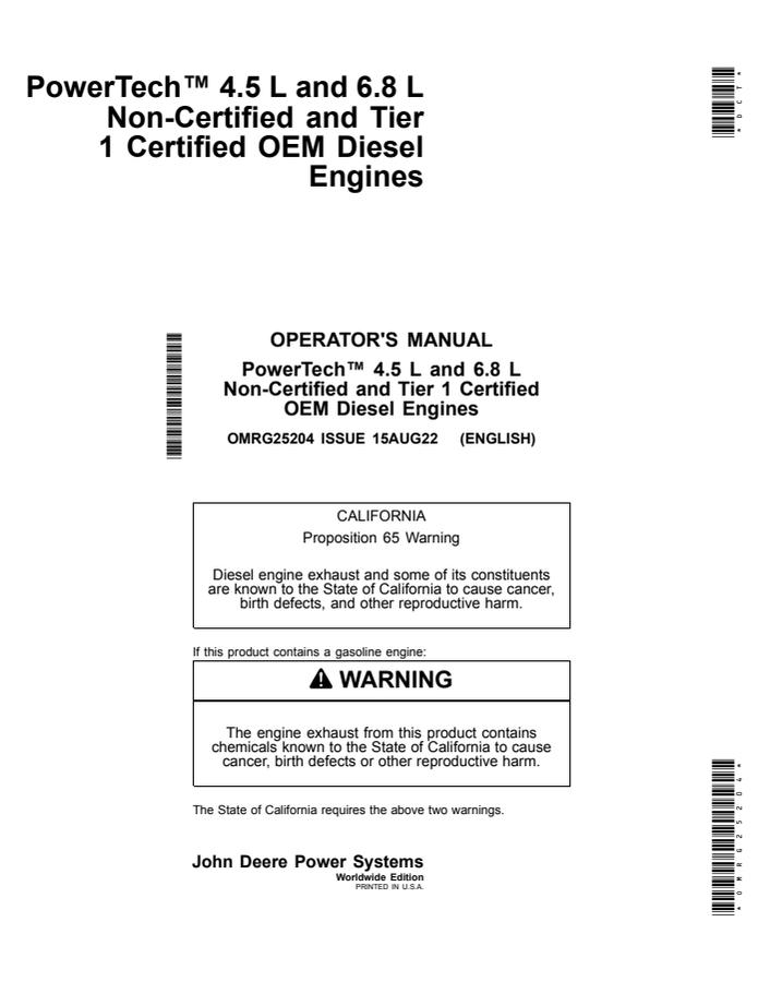 John Deere PowerTech 4.5L, 6.8L (Non-Certified/Tier 1) Operator Manual OMRG25204 — actual manual cover