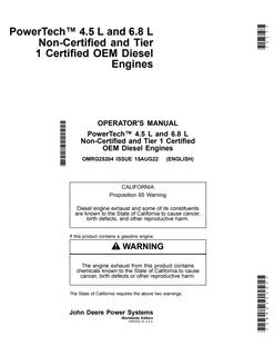 John Deere PowerTech 4.5L, 6.8L (Non-Certified/Tier 1) Operator Manual OMRG25204 — actual manual cover