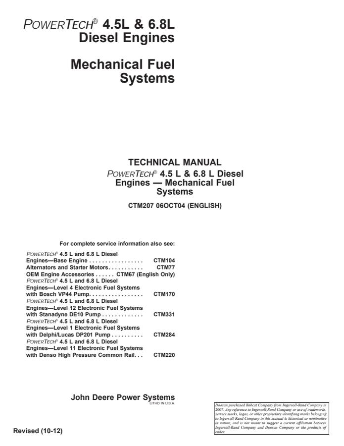 John Deere PowerTech 4.5L and 6.8L mechanical fuel systems Engine Component technical manual CTM207 — actual manual cover