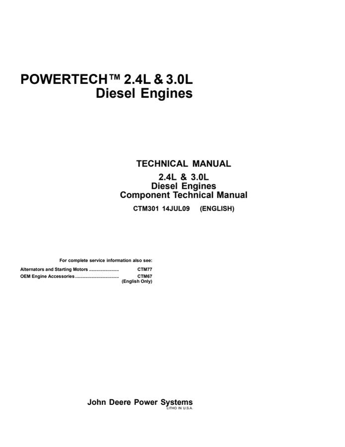 John Deere PowerTech 4024 2.4L and 5030 3.0L Engine Component technical manual CTM301 — actual manual cover