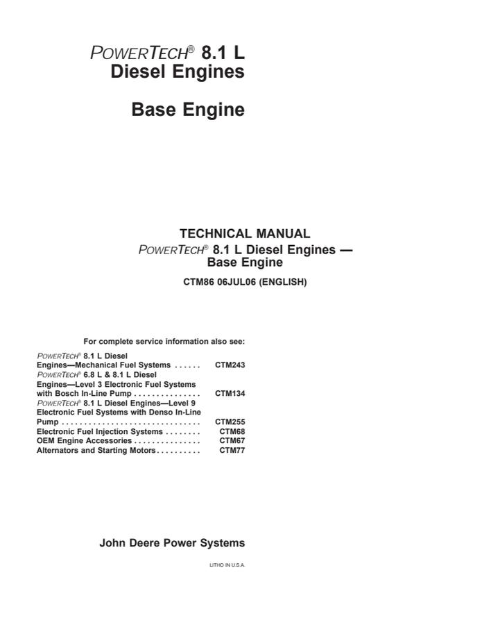 John Deere PowerTech 8.1L Engine Component technical manual CTM86 — actual manual cover