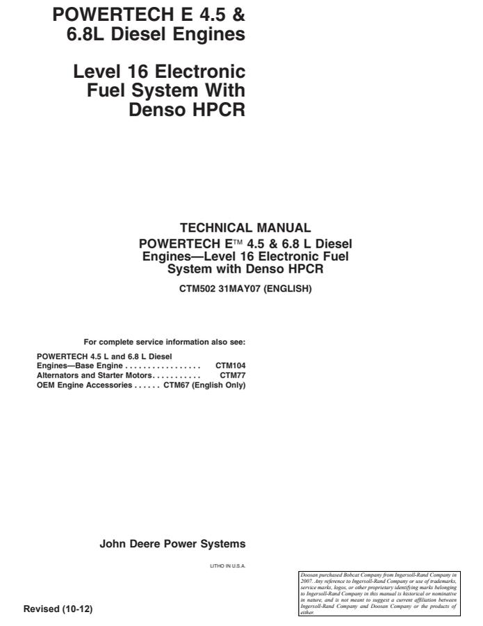 John Deere PowerTech E 4.5L and 6.8L Level 16 electronic fuel system with Denso HPCR Engine Component technical manual CTM502 — actual manual cover