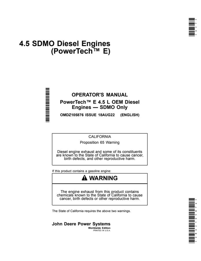 John Deere PowerTech E 4.5L (SDMO Only) Operator Manual OMDZ105876 — 2022-08-18 — actual manual cover