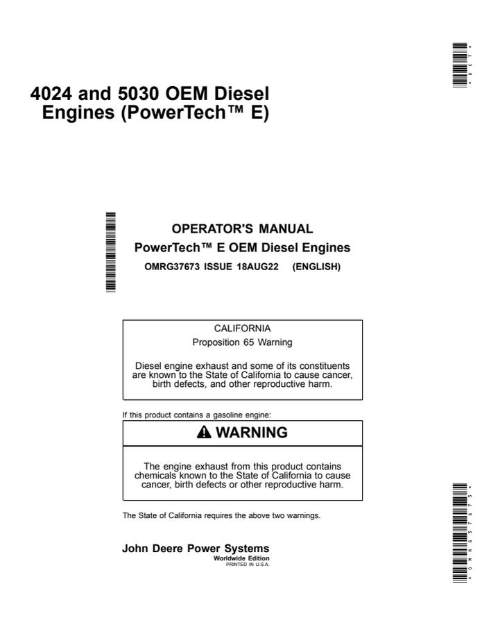 John Deere PowerTech E 4024, 5030 Operator Manual OMRG37673 — actual manual cover