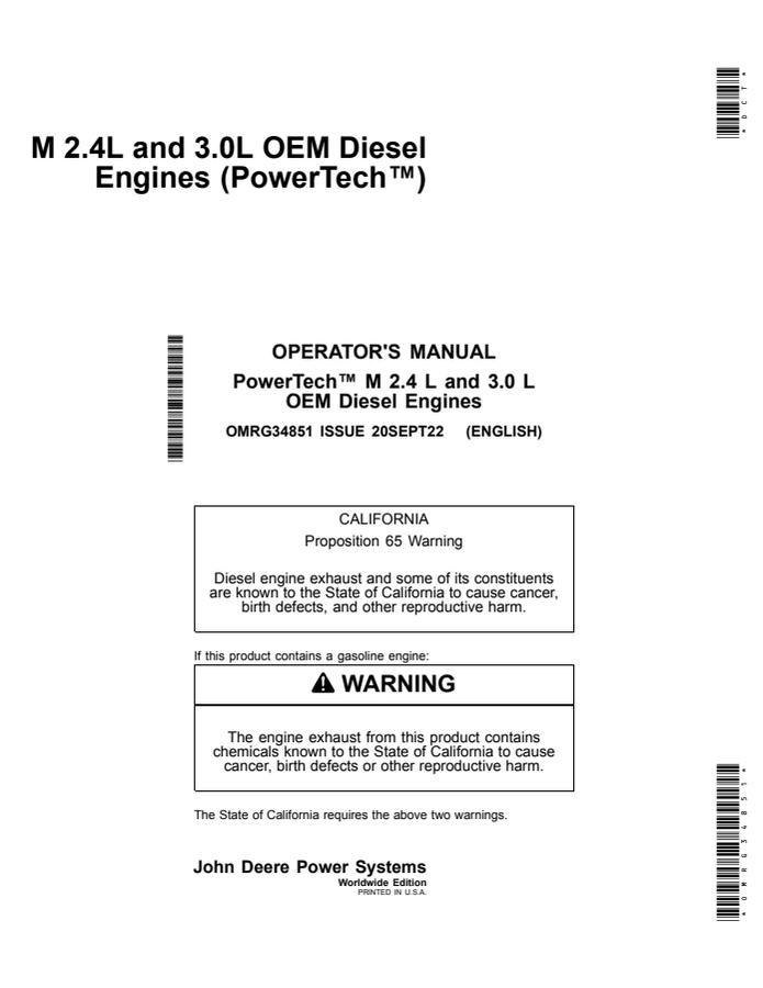 John Deere PowerTech M 2.4L, 3.0L Operator Manual OMRG34851 — actual manual cover