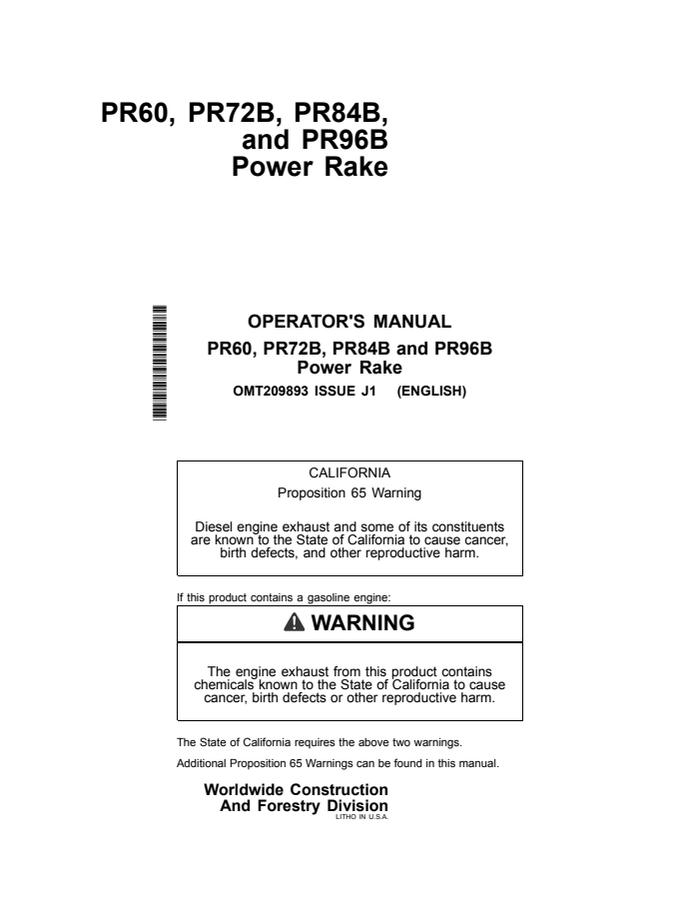 John Deere PR60, PR72B, PR84B, PR96B Power rake Operator Manual OMT209893 — actual manual cover