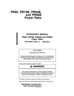 John Deere PR60, PR72B, PR84B, PR96B Power rake Operator Manual OMT209893 — actual manual cover
