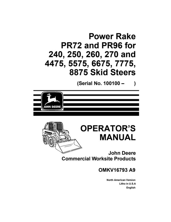John Deere PR72, PR96 Power rake Operator Manual OMKV16793 — actual manual cover