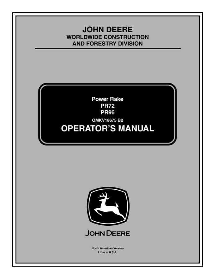John Deere PR72, PR96 Power rake Operator Manual OMKV18675 — actual manual cover