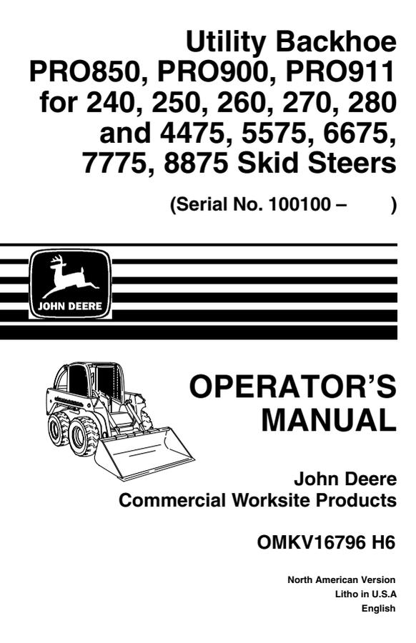 John Deere PRO850, PRO900, PRO911 Utility backhoe Operator Manual OMKV16796 — actual manual cover
