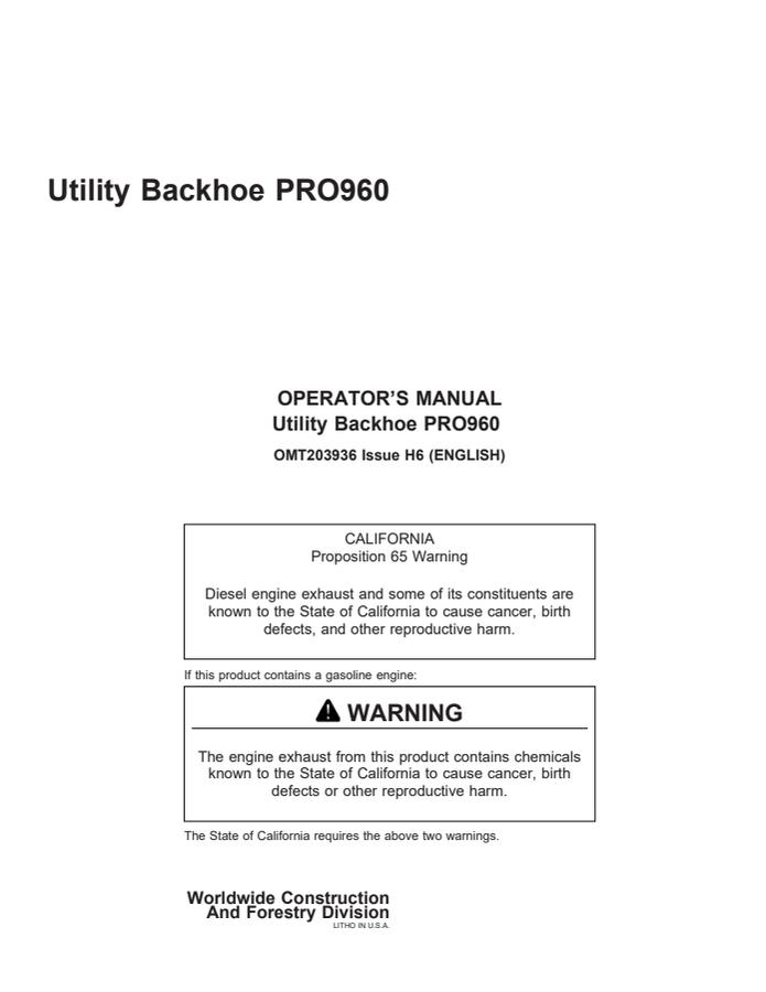John Deere PRO960 Utility backhoe Operator Manual OMT203936 — actual manual cover