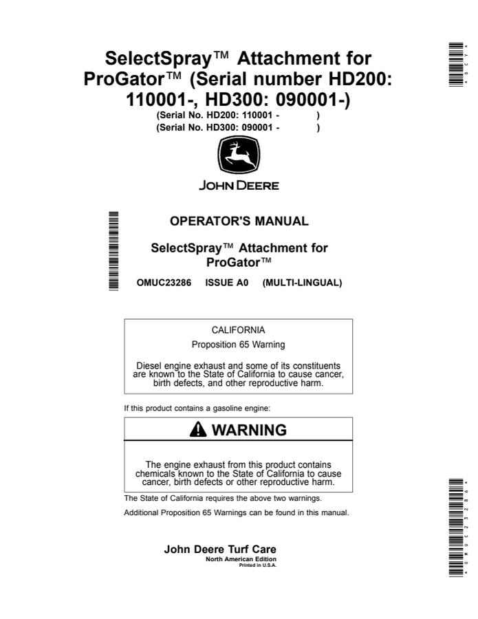 John Deere ProGator HD200, HD300 Sprayer attachment Operator Manual OMUC23286 — actual manual cover