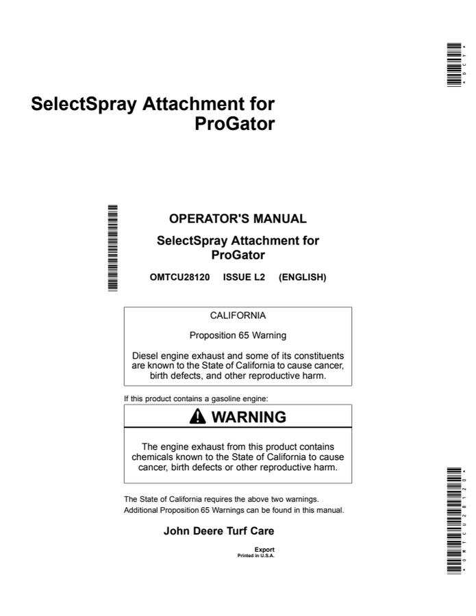 John Deere ProGator Sprayer attachment Operator Manual OMTCU28120 — actual manual cover