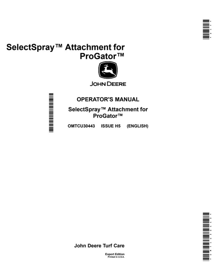 John Deere ProGator Sprayer attachment Operator Manual OMTCU30443 — actual manual cover