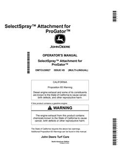 John Deere ProGator Sprayer attachment Operator Manual OMTCU30927 — actual manual cover