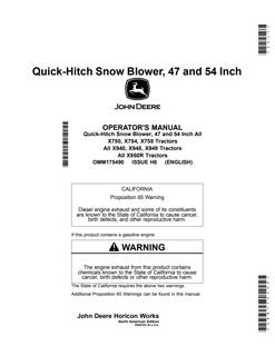 John Deere Quick-Hitch Snow Blower, 47 and 54 inch Snow blower Operator Manual OMM175490 — actual manual cover