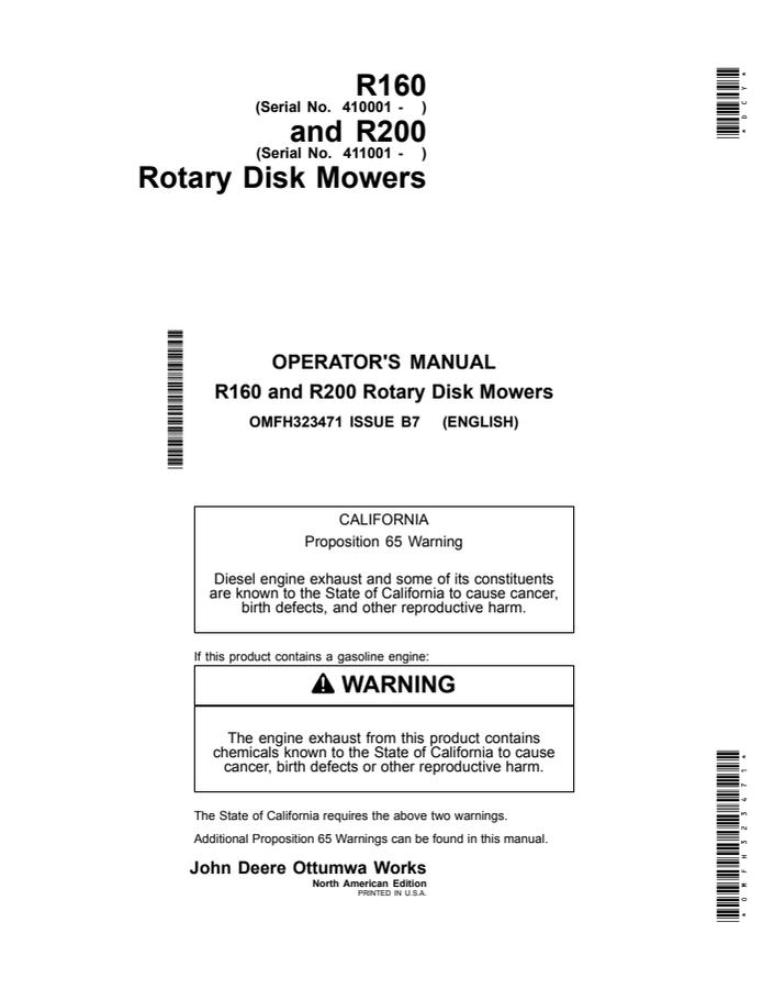 John Deere R160, R200 Rotary disk mower Operator manual OMFH323471 — actual manual cover