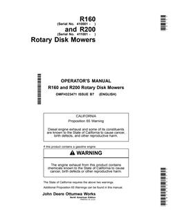 John Deere R160, R200 Rotary disk mower Operator manual OMFH323471 — actual manual cover