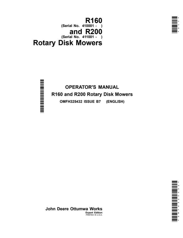 John Deere R160, R200 Rotary disk mower Operator Manual OMFH325432 — actual manual cover