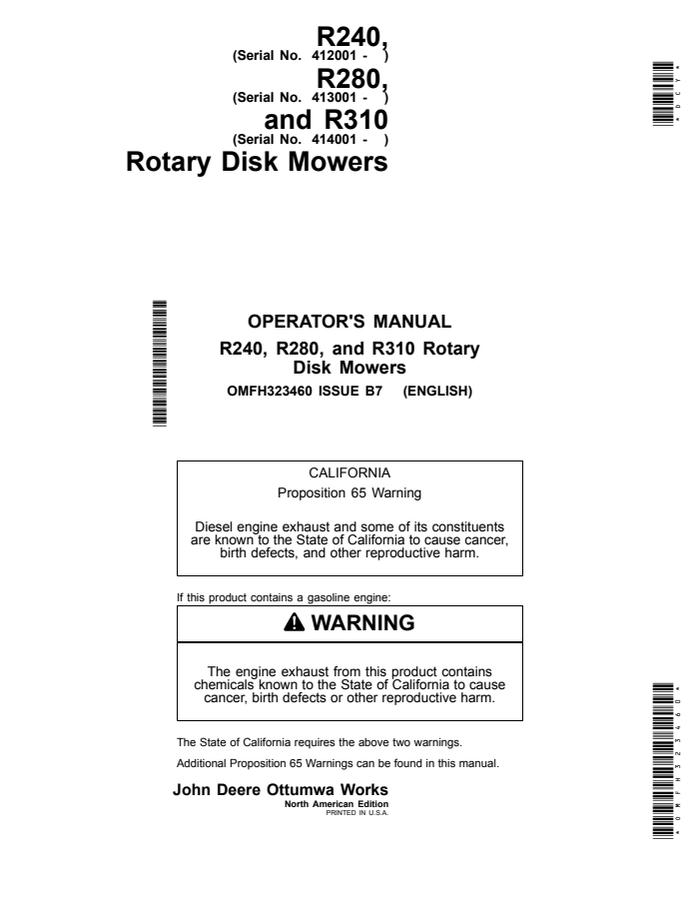 John Deere R240, R280, R310 Rotary disk mower Operator Manual OMFH323460 — actual manual cover