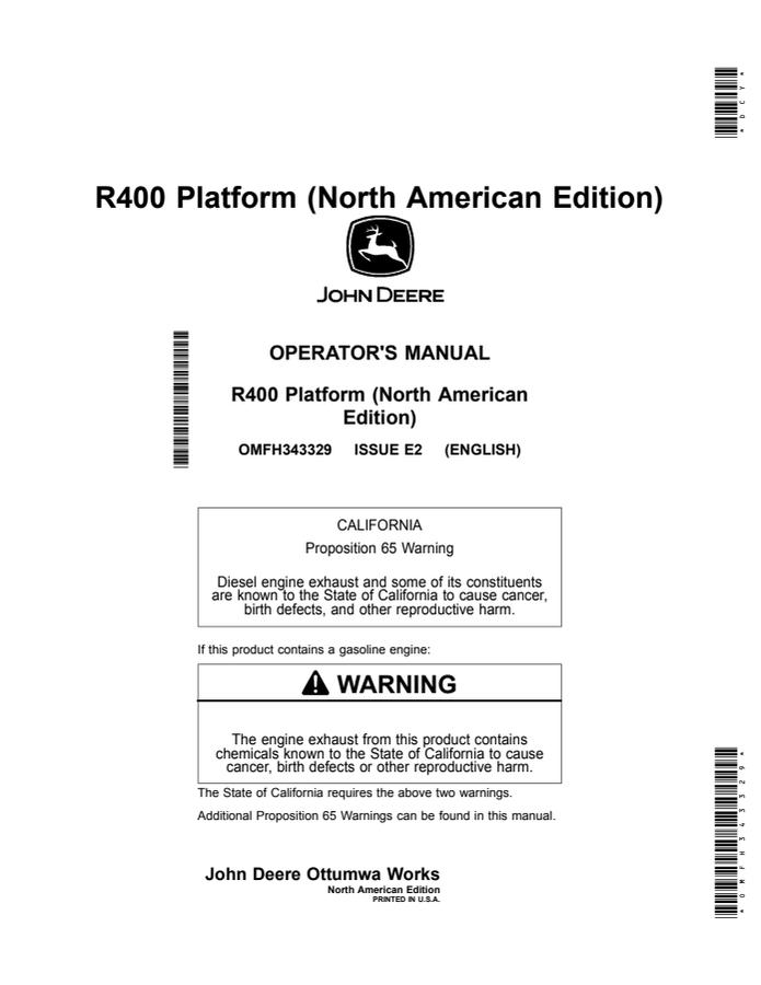 John Deere R400 Platform Operator Manual OMFH343329 — actual manual cover