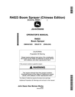John Deere R4023 Boom sprayer Operator Manual OMKK61629 — actual manual cover