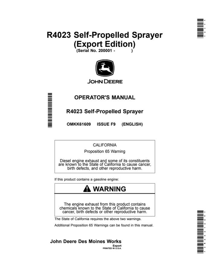 John Deere R4023 Self-propelled sprayer Operator Manual OMKK61609 — actual manual cover