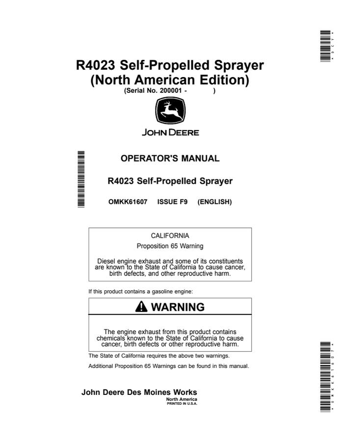 John Deere R4023 Self-Propelled Sprayer Operator's Manual OMKK61607 — actual manual cover