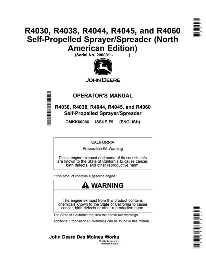 John Deere R4030, R4038, R4044, R4045, R4060 Self-propelled sprayer/spreader Operator Manual OMKK60066 — actual manual cover