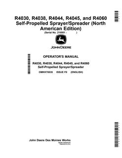 John Deere R4030, R4038, R4044, R4045, R4060 Self-propelled sprayer/spreader Operator Manual OMKK70035 — actual manual cover