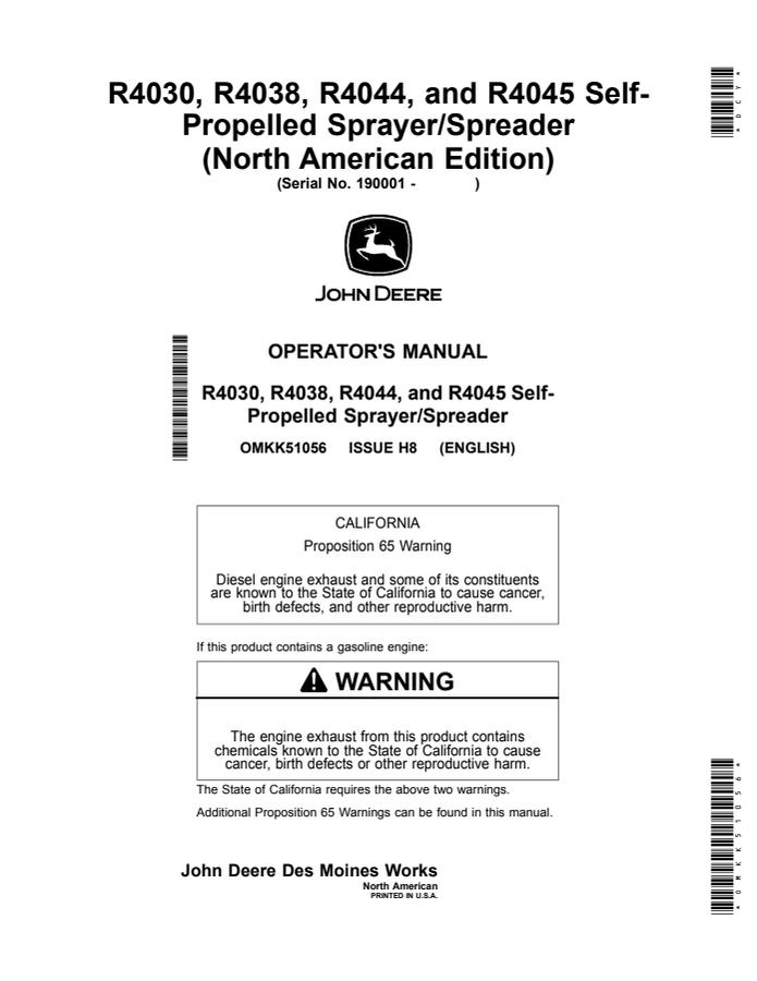 John Deere R4030, R4038, R4044, R4045 Self-propelled sprayer/spreader Operator's manual OMKK51056 — actual manual cover