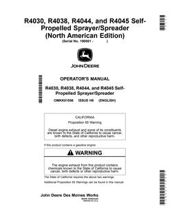 John Deere R4030, R4038, R4044, R4045 Self-propelled sprayer/spreader Operator's manual OMKK51056 — actual manual cover