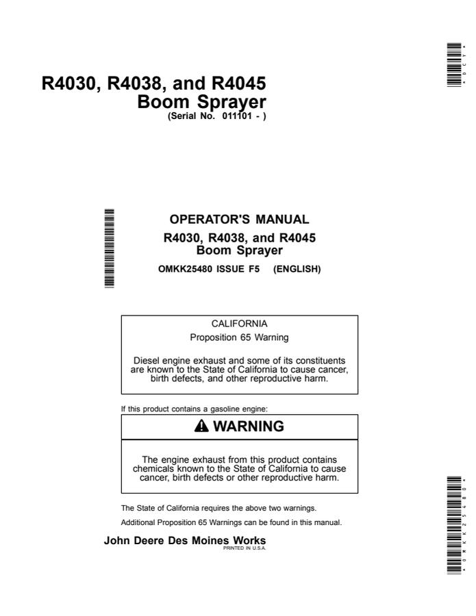 John Deere R4030, R4038, R4045 Boom sprayer Operator Manual OMKK25480 — actual manual cover