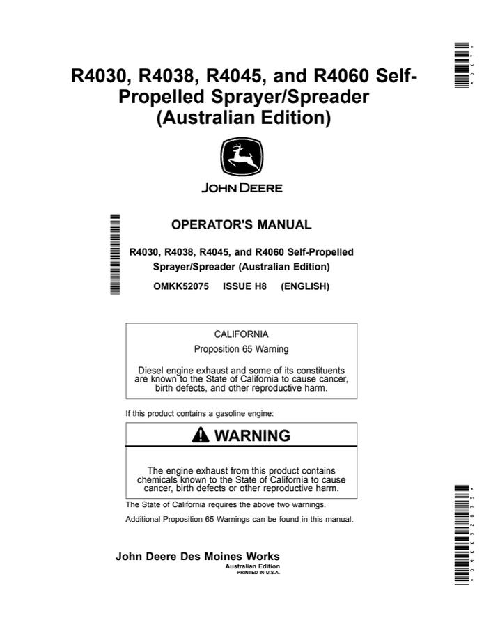 John Deere R4030, R4038, R4045, R4060 Self-propelled sprayer/spreader Operator Manual OMKK52075 — actual manual cover