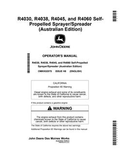 John Deere R4030, R4038, R4045, R4060 Self-propelled sprayer/spreader Operator Manual OMKK52075 — actual manual cover