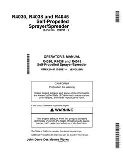 John Deere R4030, R4038, R4045 Self-propelled sprayer/spreader Operator Manual OMKK21487 — actual manual cover