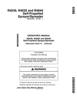 John Deere R4030, R4038, R4045 Self-propelled sprayer/spreader Operator Manual OMKK25455 — actual manual cover