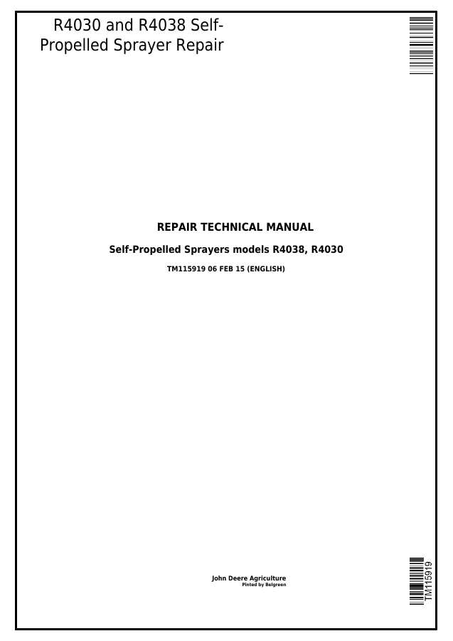 John Deere R4030, R4038 Self-Propelled Sprayer Repair Technical Manual TM115919 — actual manual cover