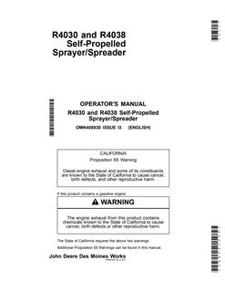 John Deere R4030, R4038 Self-propelled sprayer/spreader Operator Manual OMN405930 — actual manual cover