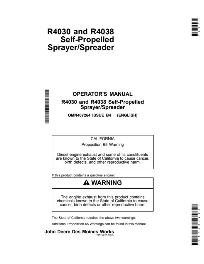 John Deere R4030, R4038 Self-propelled sprayer/spreader Operator manual OMN407264 — actual manual cover