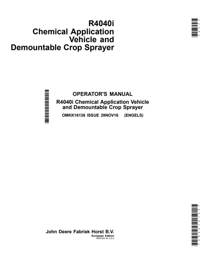 John Deere R4040i Chemical application vehicle Operator Manual OMKK16136 — actual manual cover