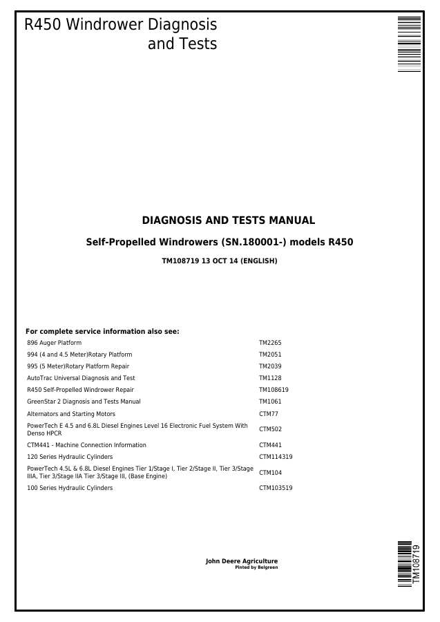 John Deere R450 Self-Propelled Windrower Diagnosis and Tests Manual TM108719 — actual manual cover