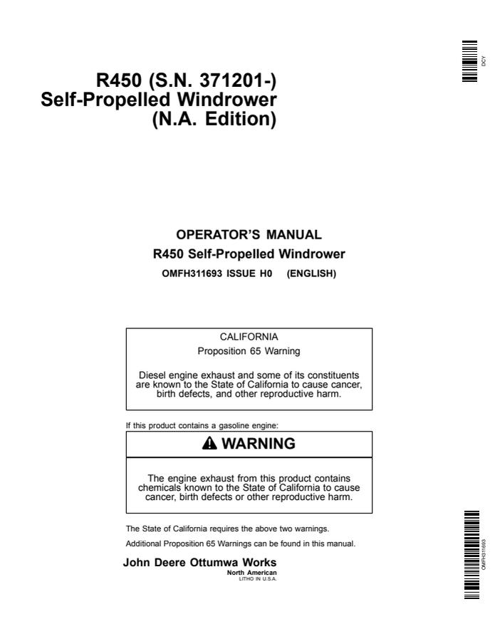 John Deere R450 Self-propelled windrower Operator Manual OMFH311693 — actual manual cover