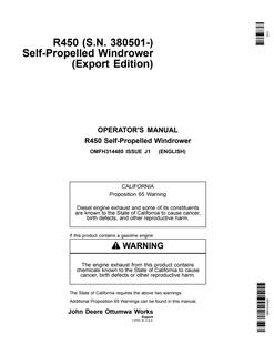 John Deere R450 Self-propelled windrower Operator Manual OMFH314480 — actual manual cover