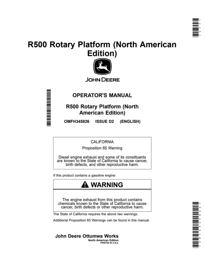 John Deere R500 Rotary platform Operator Manual OMFH345826 — actual manual cover