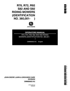 John Deere R70, R72, R92, S82 and S92 Riding Mowers Operator's Manual — actual manual cover