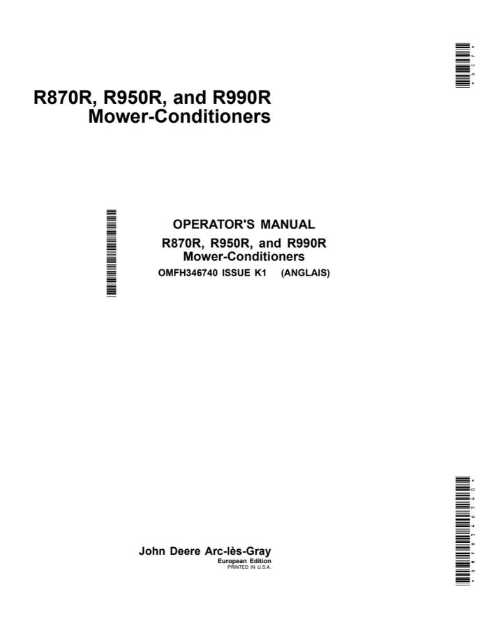 John Deere R870R, R950R, R990R Mower-conditioner Operator Manual OMFH346740 — actual manual cover