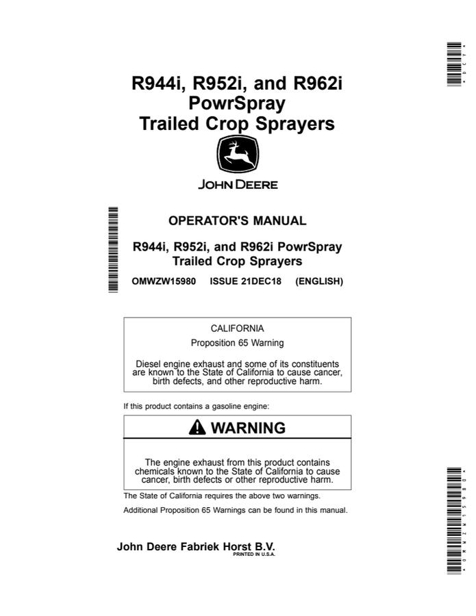 John Deere R944i, R952i, R962i Trailed crop sprayer Operator Manual OMWZW15980 — actual manual cover