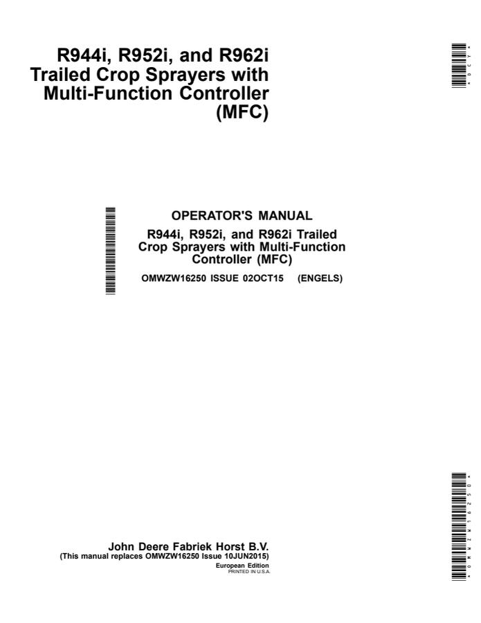 John Deere R944i, R952i, R962i Trailed crop sprayer Operator Manual OMWZW16250 — actual manual cover